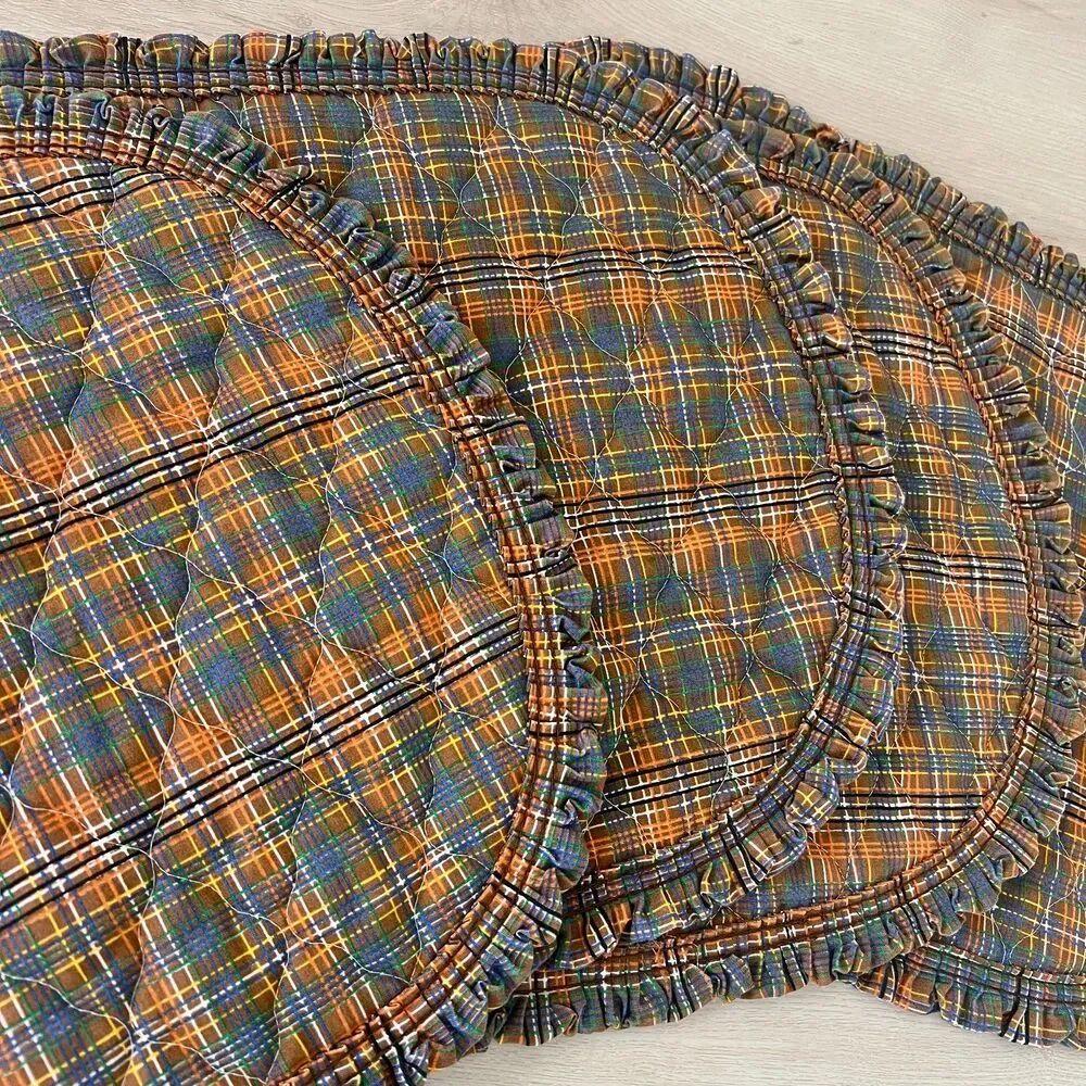 Vintage 70s Set of 4 Quilted Autumn Calico Patchwork Oval Placemats RuffleTrim